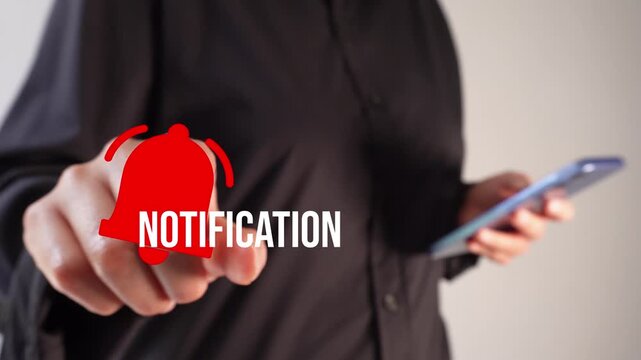 A businesswoman holding a smartphone while pointing forward at a notification bell icon animation.