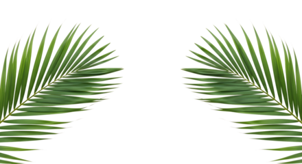 Two vibrant green palm fronds create a symmetrical frame, , perfect for tropical designs and summer themes