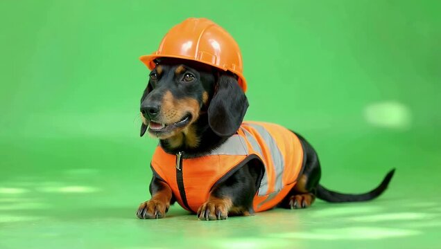 Humorous 4K studio video featuring a black and tan dachshund dog lying still on a surface distinctly wearing a bright orange reflective safety vest and a miniature orange hard hat all set against a