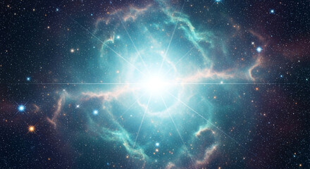 An awe-inspiring nebula radiating with brilliant azure and white light, set against a deep starry backdrop. The image evokes cosmic grandeur and scientific wonder.