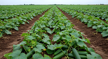 Rows of cucumber plants stretching into the distance under an overcast sky in a field setting