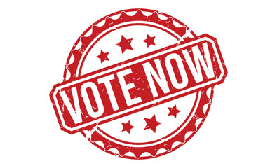 A circular red rubber stamp displaying the urgent call to action VOTE NOW surrounded by stars