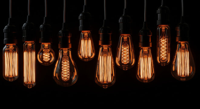 A diverse collection of glowing Edison-style light bulbs hangs against a dark backdrop, showcasing vintage design and warm illumination. The composition highlights shapes and decorative elements.