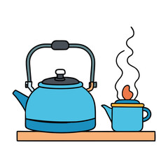 A metal kettle heats on a gas stove, flames glowing blue beneath it. Water boils inside, sending swirling steam rising from the spout in a warm, lively burst of energy.
