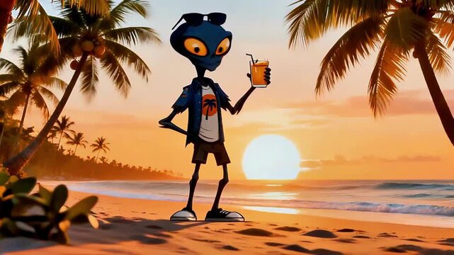 Alien Beach Sunset: Cool Extraterrestrial with Sunglasses and Tropical Drink