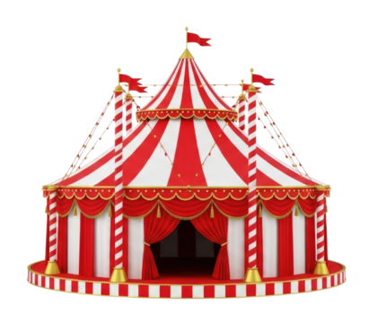Red and white striped circus tent transparent background cutout png - Powered by Adobe