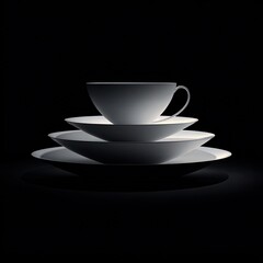 Stacked dishware; teacup atop two shallow bowls in minimalist style