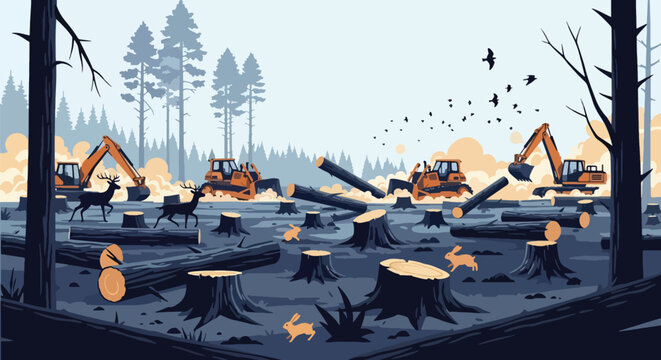 Flat vector deforestation scene with tree stumps, heavy machinery, and animals losing habitat. Solid colors, no gradients, showing environmental destruction and climate impact