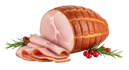 Whole ham with sliced ham and rosemary garnish transparent background cutout png