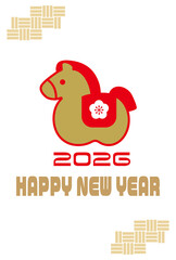 午年の年賀状テンプレート、かわいい馬の置物、金と赤