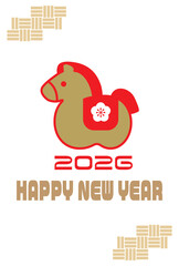 午年のベクター年賀状、かわいい馬の置物、金と赤