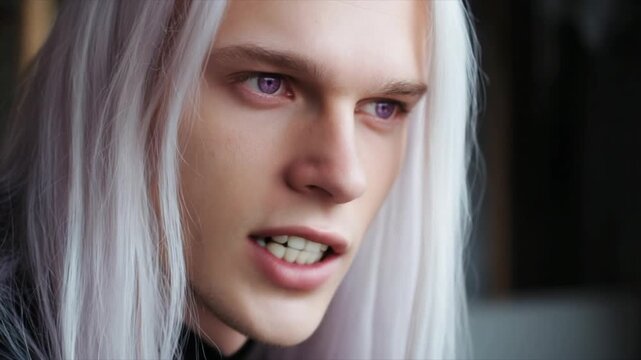 a handsome young man with long, straight white hair, purple eyes
