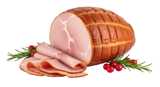 Whole ham with sliced ham and rosemary garnish transparent background cutout png