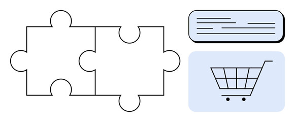 Puzzle pieces interlocked, text box, and shopping cart. Ideal for collaboration, solution, e-commerce, systems, communication marketing innovation. Simple flat metaphor