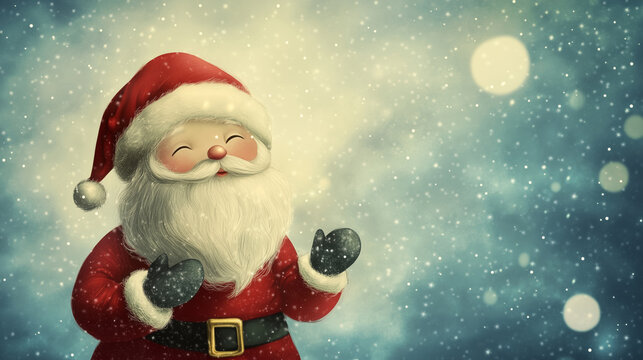 Santa Claus on a snow winter background, cute watercolor illustration. Christmas and New Year Background, copy space