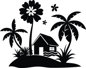 Tropical Beach House Silhouette with Palm Trees, Sun, Waves and Sailboat Vector Style