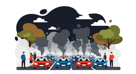 Flat vector crowded highway with cars releasing heavy exhaust fumes into the air. Solid colors, no gradients, illustrating urban pollution caused by traffic congestion