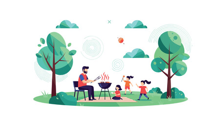 Fototapeta premium A father barbecues delicious food while his three children play happily in a sunny park, enjoying a beautiful day outdoors.