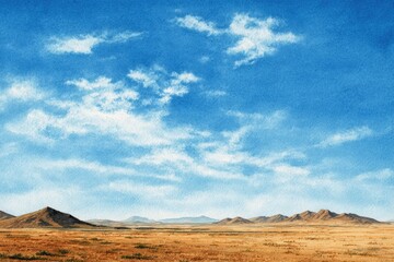 Open desert landscape under a bright blue, partly cloudy sky