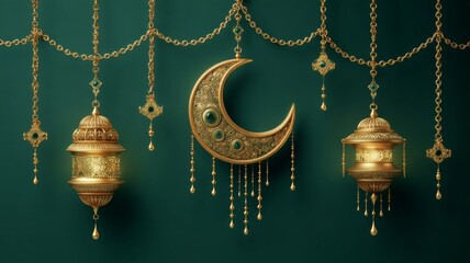 3d render of ramadan kareem decorations with ornate lanterns, golden hanging ornaments, glowing light, crescent moon, and festive garlands on emerald green background