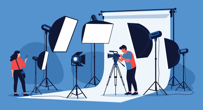 Professional photographers setting up a modern studio with various lighting equipment and a video camera on a tripod for a photoshoot.
