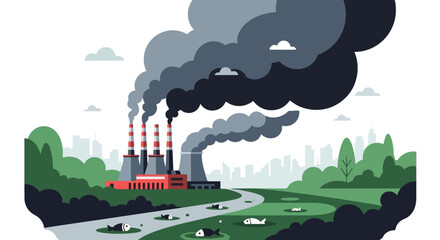 Flat vector old coal power plant releasing dark smoke into sky, polluting air and nearby water sources. Solid colors, no gradients, strong environmental hazard message