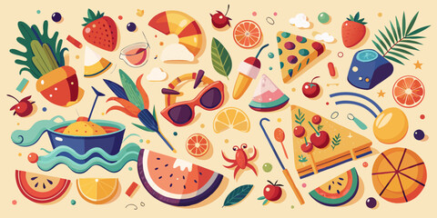 Naklejka premium Vibrant Summer Flat Lay Illustration with Fruits Beach Items and Tropical Elements on a Beige Background