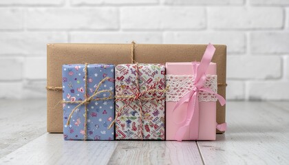 wrapped gifts with colorful paper gift. Photo of gifts with white background. For template, greeting card or advertise.