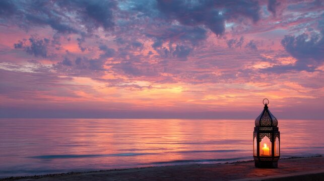 Ramadan kareem and eid al fitr festive background with glowing lantern on a seaside, colorful sunset sky with reflections on water, islamic celebration atmosphere with serene and vibrant mood