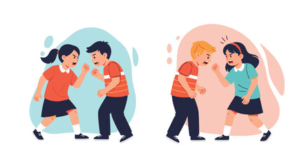 Fototapeta premium This illustration captures two pairs of young children, each consisting of a boy and a girl, engaged in an angry argument or dispute with aggressive body language.