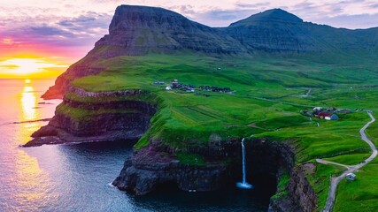 Gasadalur waterfal Atlantic Ocean Mulafossur and Gasadalur village Faroe Islands