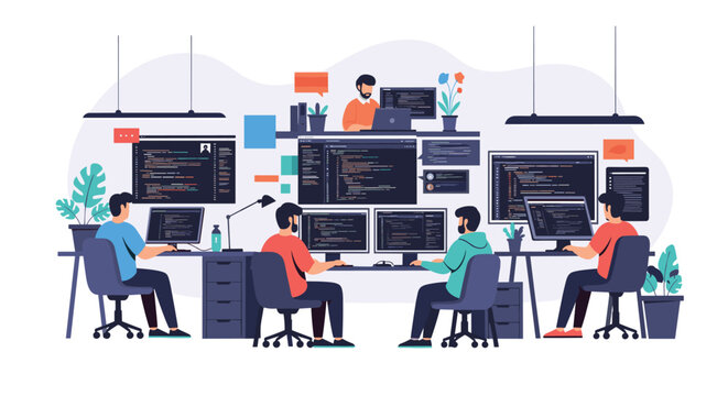 A team of skilled software developers collaborates on coding tasks in a modern office, surrounded by multiple screens displaying programming languages and interfaces.