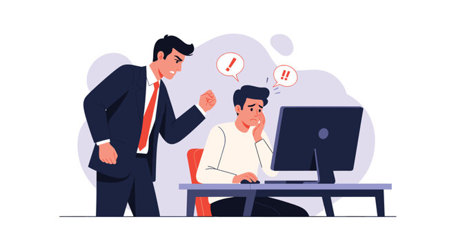 An angry boss scolds a stressed employee working at a computer, depicting workplace pressure, conflict, and a toxic work environment.