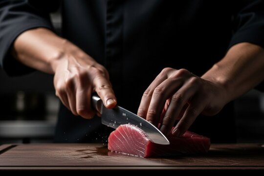 Faceless shot of street food chef slicing fresh tuna fish on cutting board