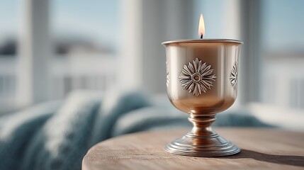 Lit candle in an ornate silver chalice, solemn, spiritual tradition, on a wooden table.