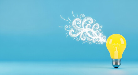 A pixelated yellow lightbulb emits swirling, abstract white light against a vibrant blue backdrop, symbolizing innovative ideas and creative solutions. It's a modern, digital render.