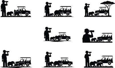 Obraz premium Safari vector illustration, wildlife observation, binoculars, elephant, lion, tree, vehicle, silhouette style, nature exploration, outdoor adventure, travel concept, savanna scene