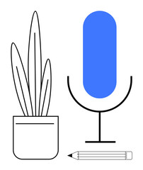 Blue microphone next to tall potted plant and pencil, evoking artistry, communication, and nature. Ideal for creativity, podcasting, writing, content creation, eco-lifestyle education broadcasting