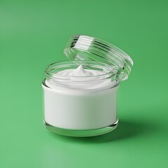 Open jar of creamy white moisturizer or cosmetic cream with a transparent lid on a vibrant green background