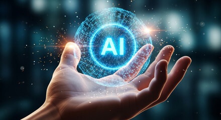 Hand gently holding a glowing blue AI sphere surrounded by particle effects, set against a blurred dark background to represent advanced technology and digital innovation.