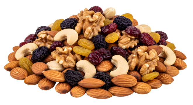 Pile of Mixed Nuts and Dried Fruits including Walnuts, Almonds, Cashews, and Raisins
