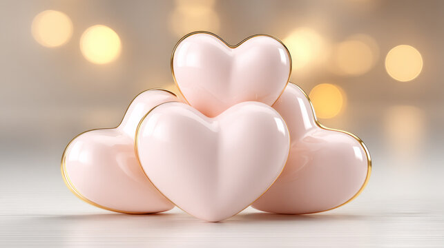 Elegant soft pink heart-shaped objects with smooth surfaces glowing softly on a neutral surface with blurred warm background lights, romantic and delicate ambiance