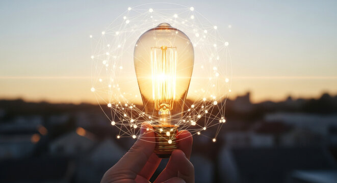 Hand holding a lit light bulb with visible filament against a vibrant sunset sky. Blurry cityscape visible in the background creating a conceptual image about energy, innovation, and inspiration.