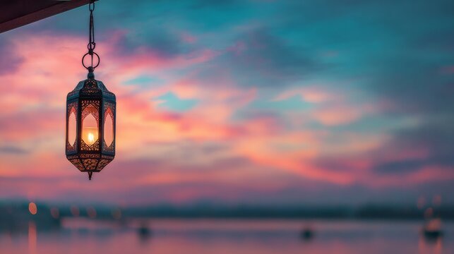 Ramadan kareem and eid al fitr festive background with glowing lantern on a seaside, colorful sunset sky with reflections on water, islamic celebration atmosphere with serene and vibrant mood