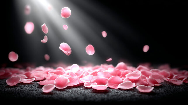 Pink rose petals falling and scatte on dark surface with spotlight effect creating romantic and elegant atmosphere suitable for love and celebration themes