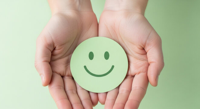Close-up of hands gently holding a green circular smiley face against a light green background, conveying positivity, happiness, and overall wellbeing.