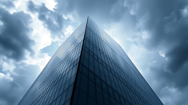 Ultra-realistic architectural rendering of a modern glass skyscraper, reflecting a stormy sky, sharp lines, minimalist design, high contrast lighting - Powered by Adobe