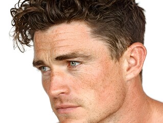 Obraz premium Handsome Caucasian man with curly brown hair and blue eyes gazes thoughtfully against a plain white background in a studio setting showing detail.