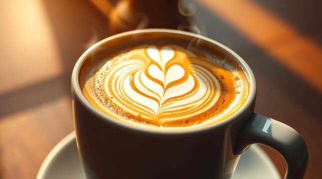 Ultra-realistic digital painting of a steaming mug of coffee, intricate latte art, warm ambient light, macro shot