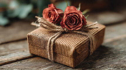 Beautifully wrapped gift box with rustic twine and two deep red roses on top, set on a weathered wooden surface, perfect for romantic occasions or special celebrations